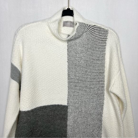 CYRUS / white gray colorblock mock neck sweater / L - Picture 3 of 7